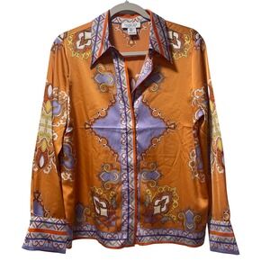 Rachel Zoe Womens Orange Purple Paisley Satin Button Down Blouse Size Medium